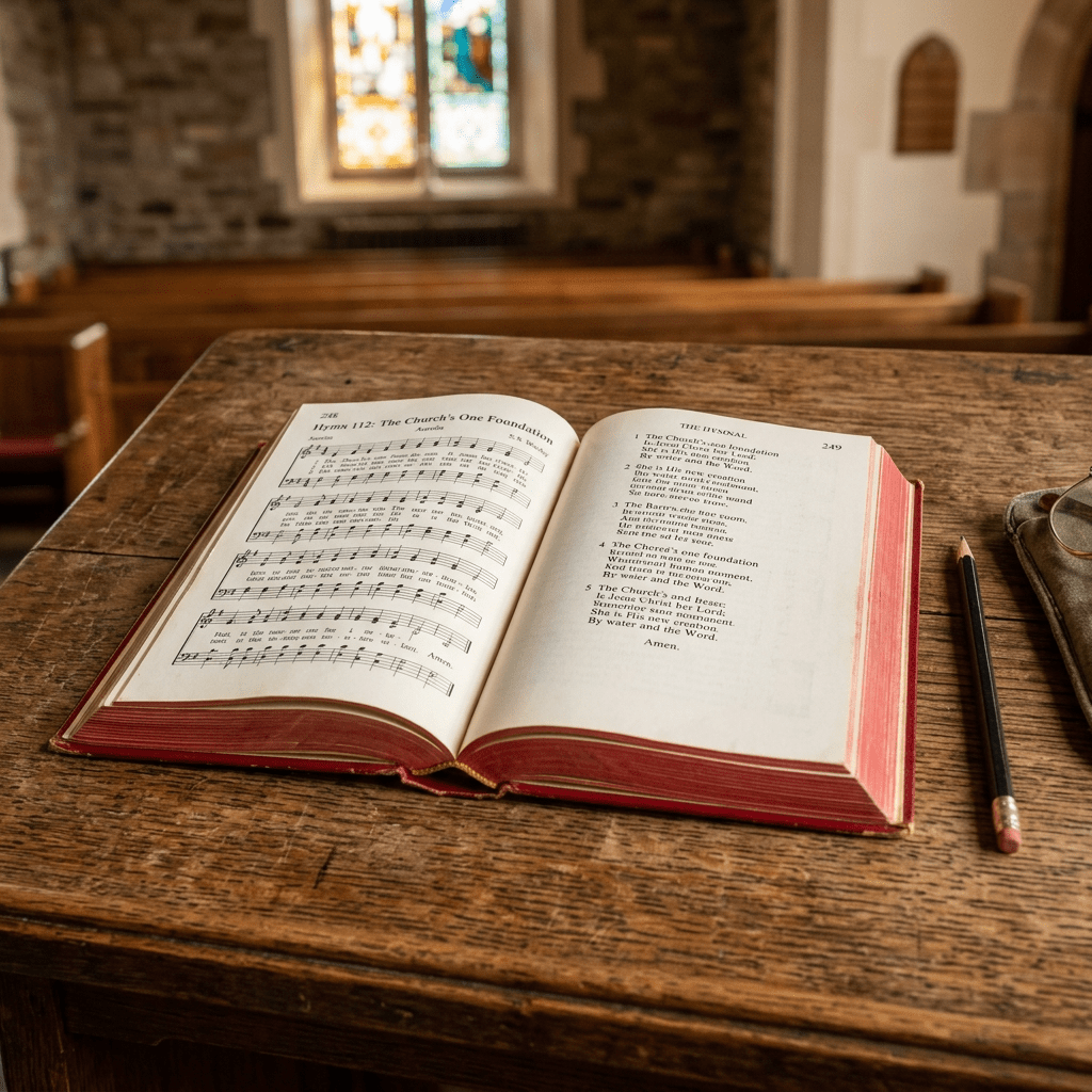 Open church hymnal with musical notes and hymn lyrics on wooden lectern